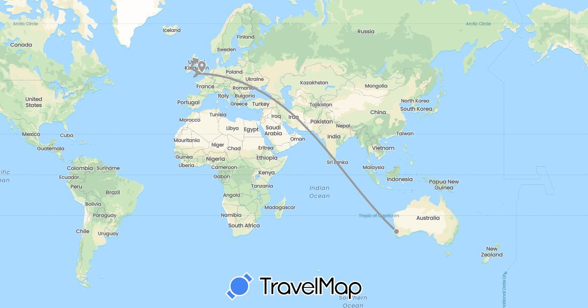 TravelMap itinerary: driving, plane in Australia, United Kingdom, Ireland (Europe, Oceania)